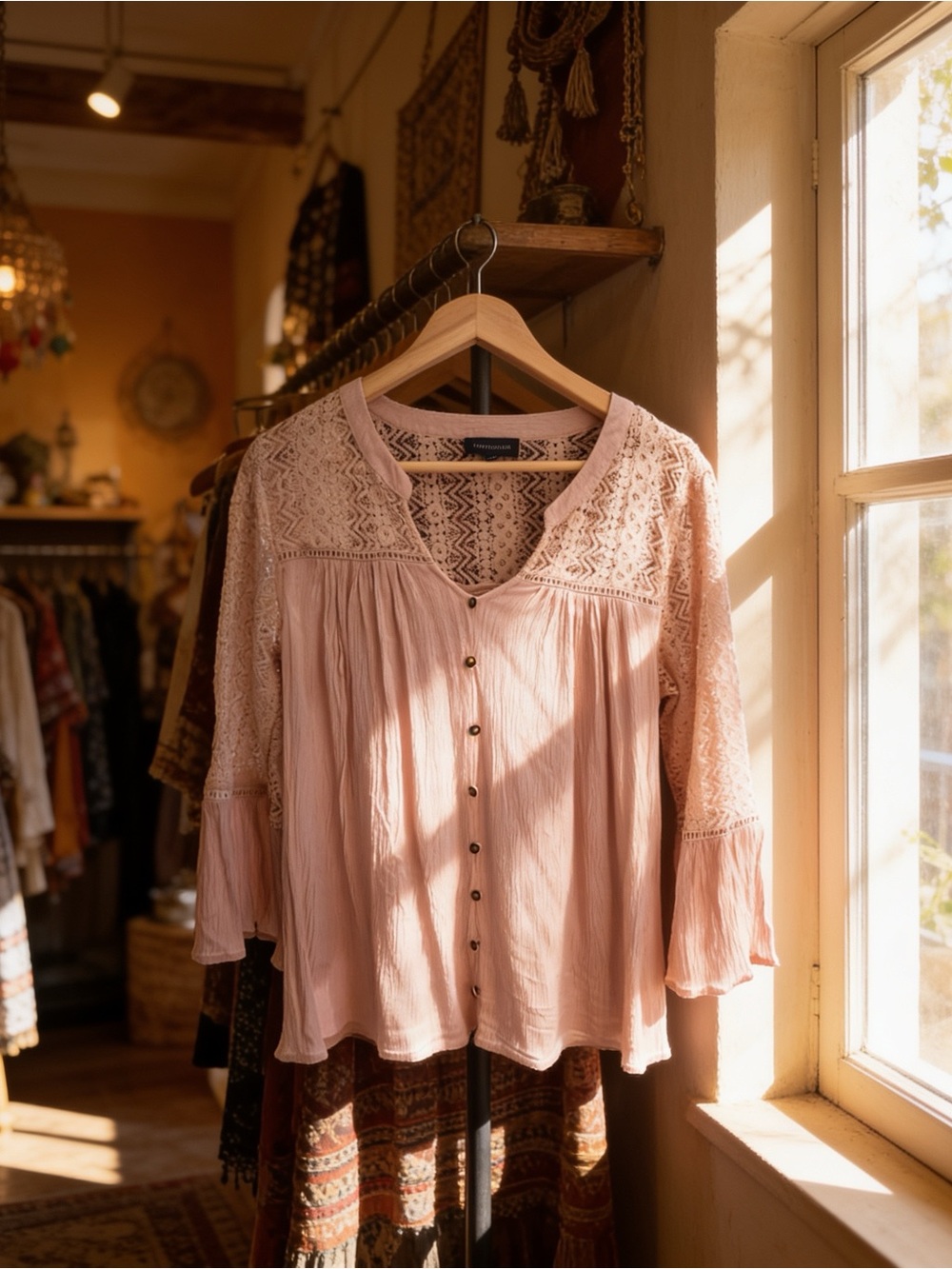 WAREHOUSE ONE soft pink feminine lacy top with wide sleeves
